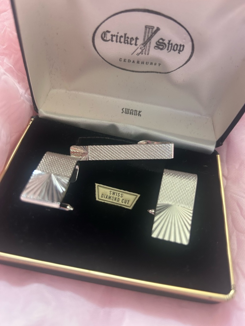 SWANK Silver-Tone Swiss Diamond Cut Cufflinks and Tie Bar Set